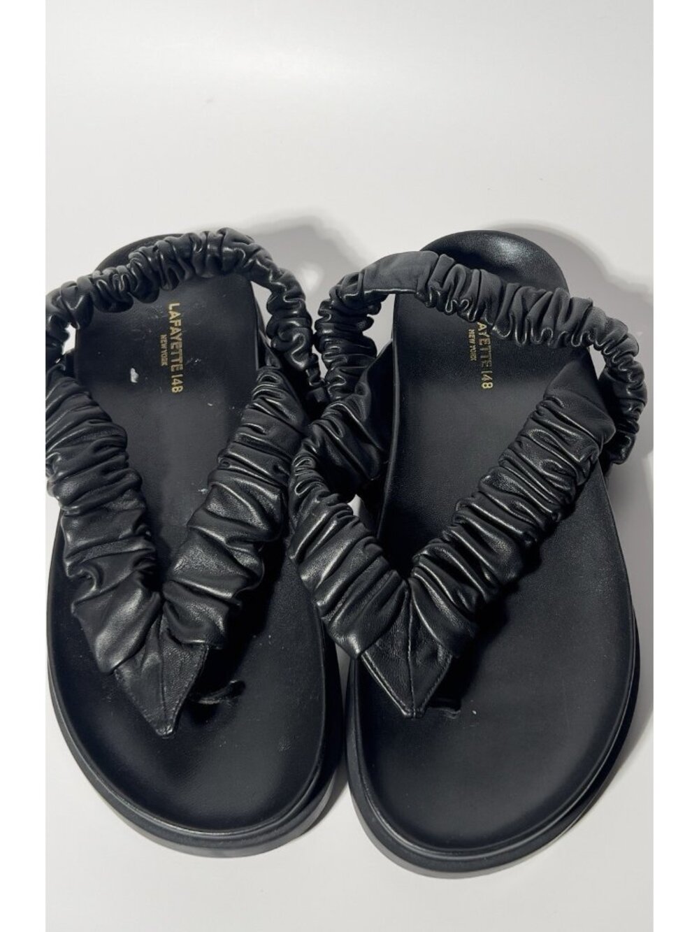 Lafayette 148 Helene Black Leather Ruched Thong Sandals Size 7.5M